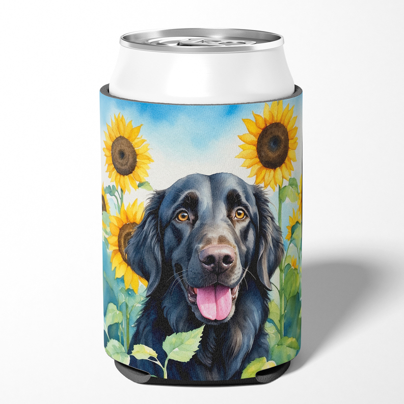 Sunflower dog koozie can holder with blue sky and fox terrier portrait artwork