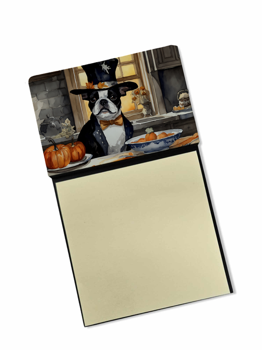 Decorative soy candle jar label: black-and-white dog in suit with pumpkins
