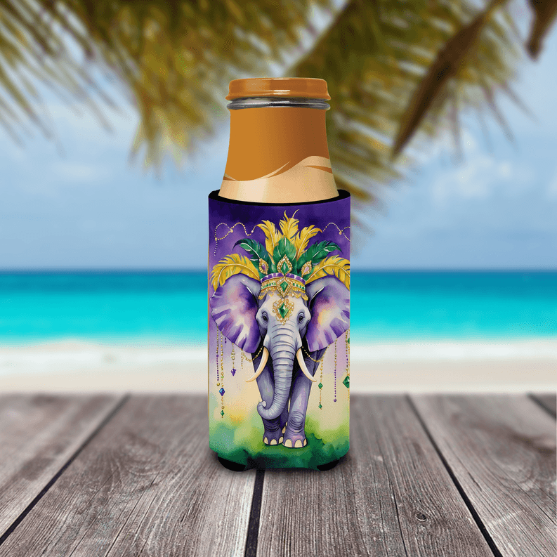 Purple and green Mardi Gras elephant graphic can hugger for Ultra Slim cans