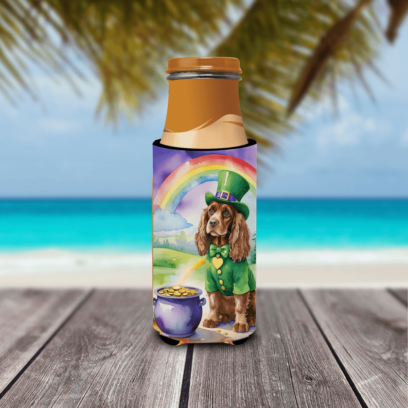 St. Patrick's Day dog can hugger for ultra slim cans, rainbow and green outfit