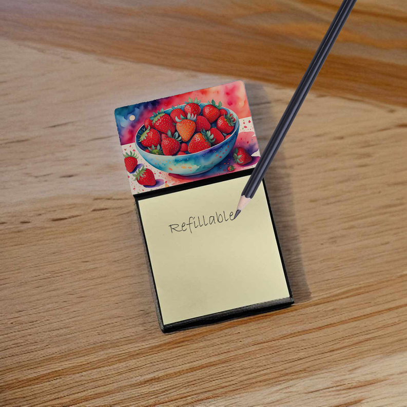 Strawberry-pattern refillable sticky note holder with blank notepad and pen