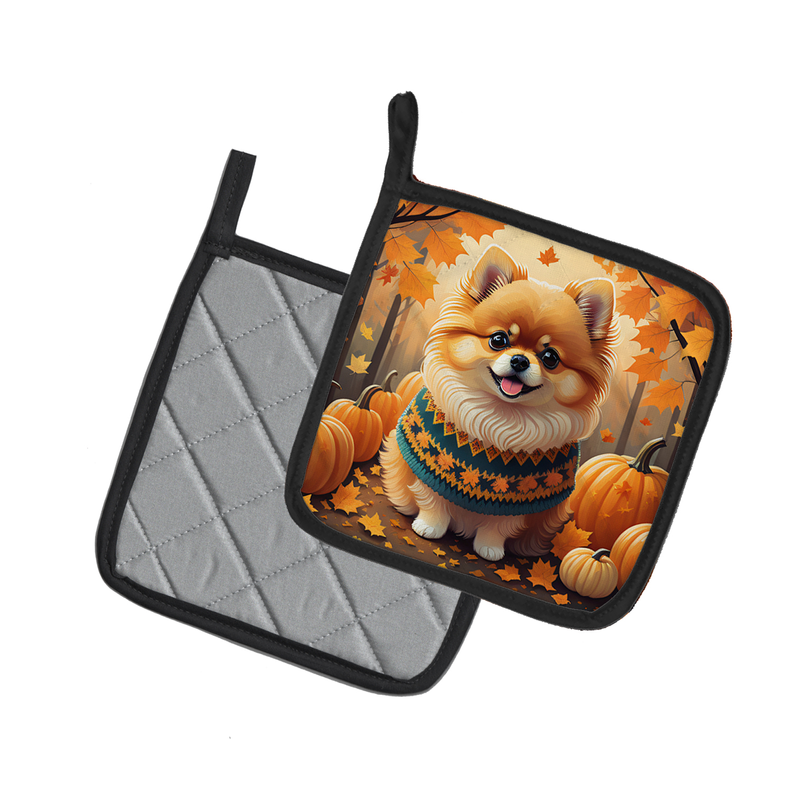 Single foam coaster, black edge, gray backing, dog with pumpkins and fall leaves