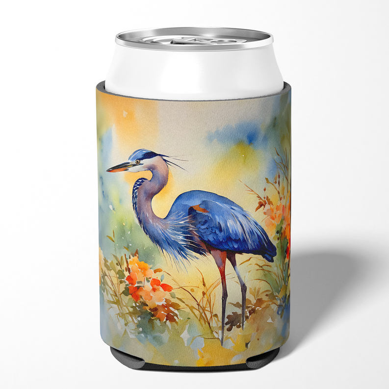 Insulated drink can cooler with a blue heron illustration