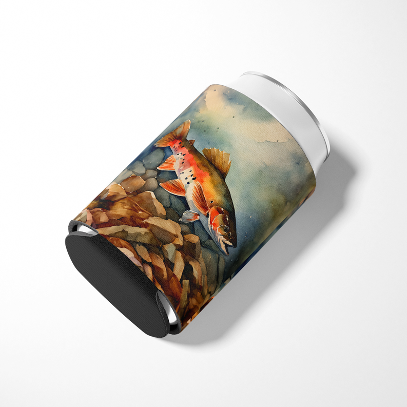 Brown trout pot holder pair with rolled fabric and colorful fish graphic