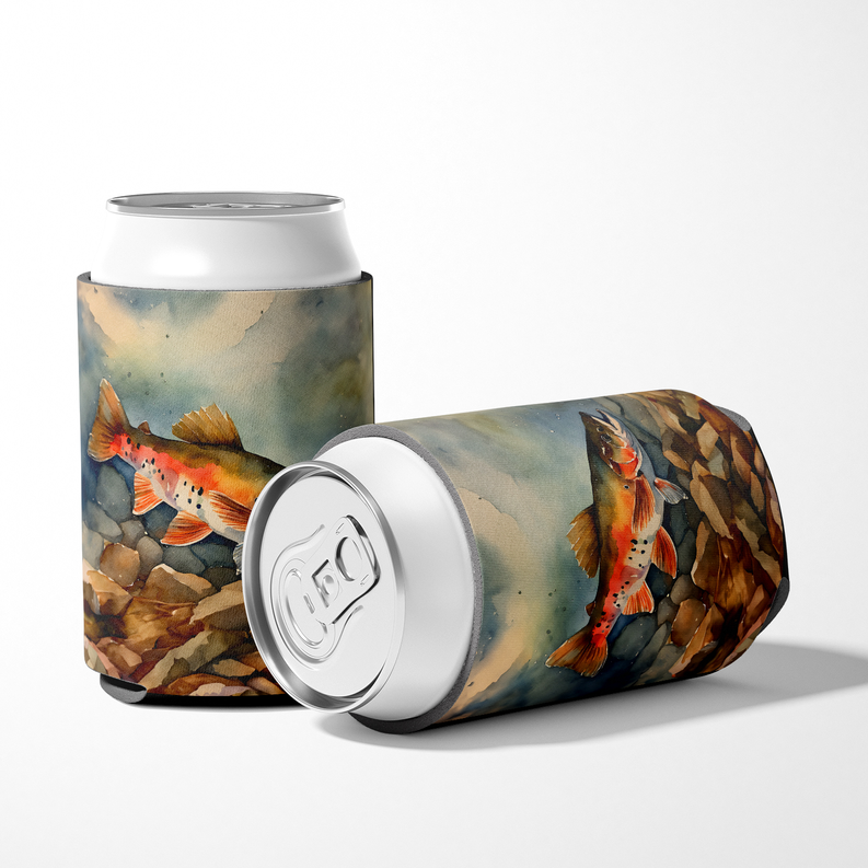 Brown trout pot holder pair can cooler sleeves with trout artwork, one lid shown