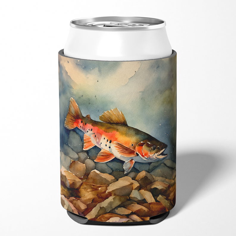 Brown trout pot holder pair can-sleeve with trout graphic on blue rocky fabric