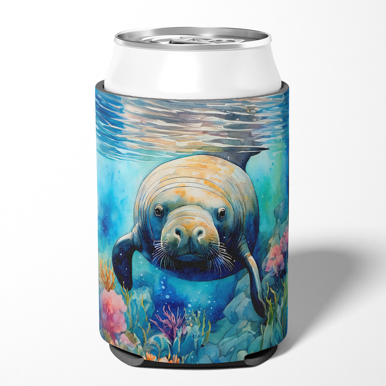 Colorful marine-themed can cooler featuring a manatee illustration, vibrant blues, and coral details.