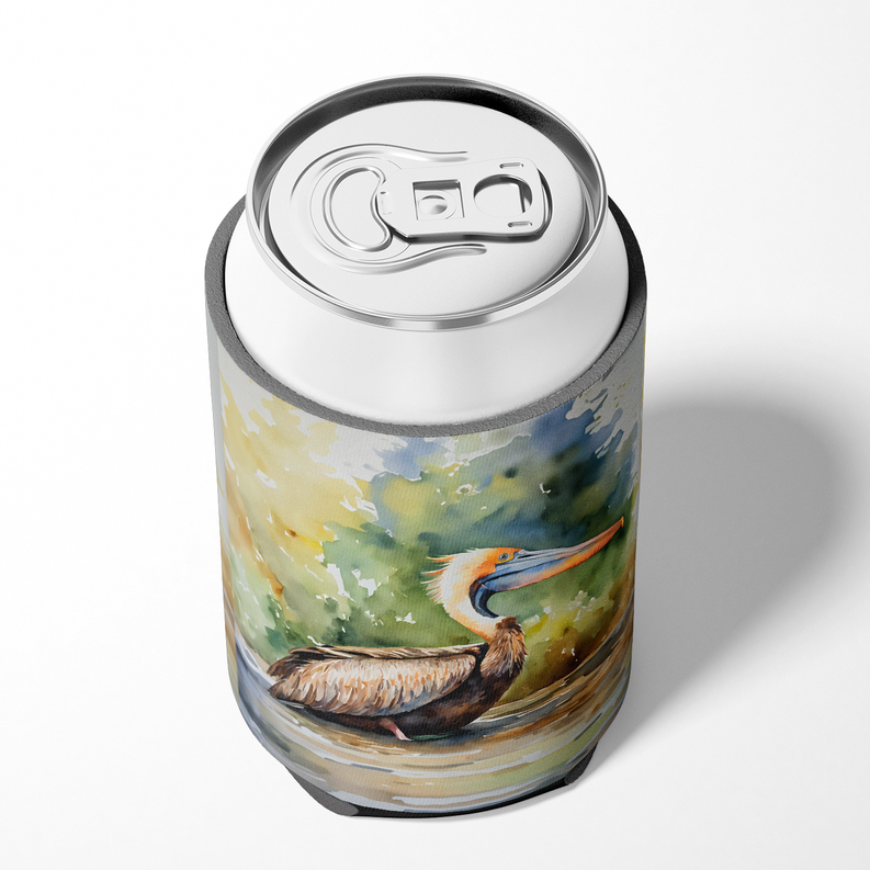 Pelican pot holder can cooler close-up showing pull-tab top and pelican print.