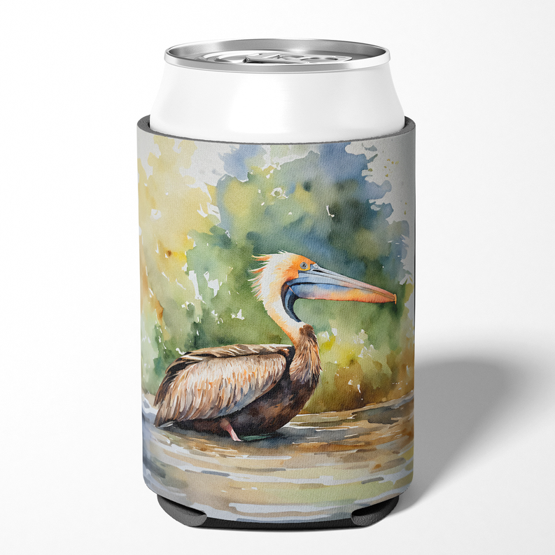 Pelican pot holder can cooler with pelican and watercolor scene on a sleeve.