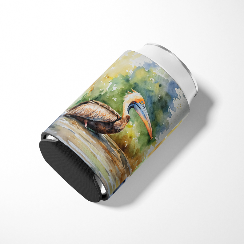 Pelican pot holder can cooler with pelican artwork; snug roll-up design.