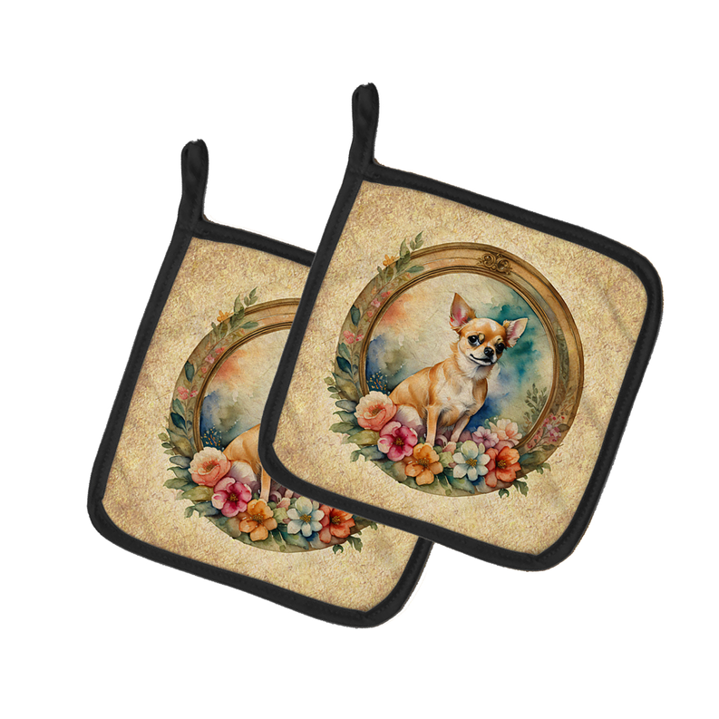 Set of foam coasters with black trim, featuring a fawn dog in a floral wreath