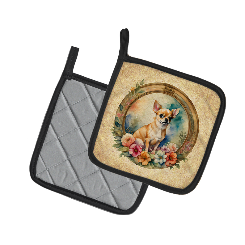 Foam coaster with black edge, tan floral chihuahua artwork