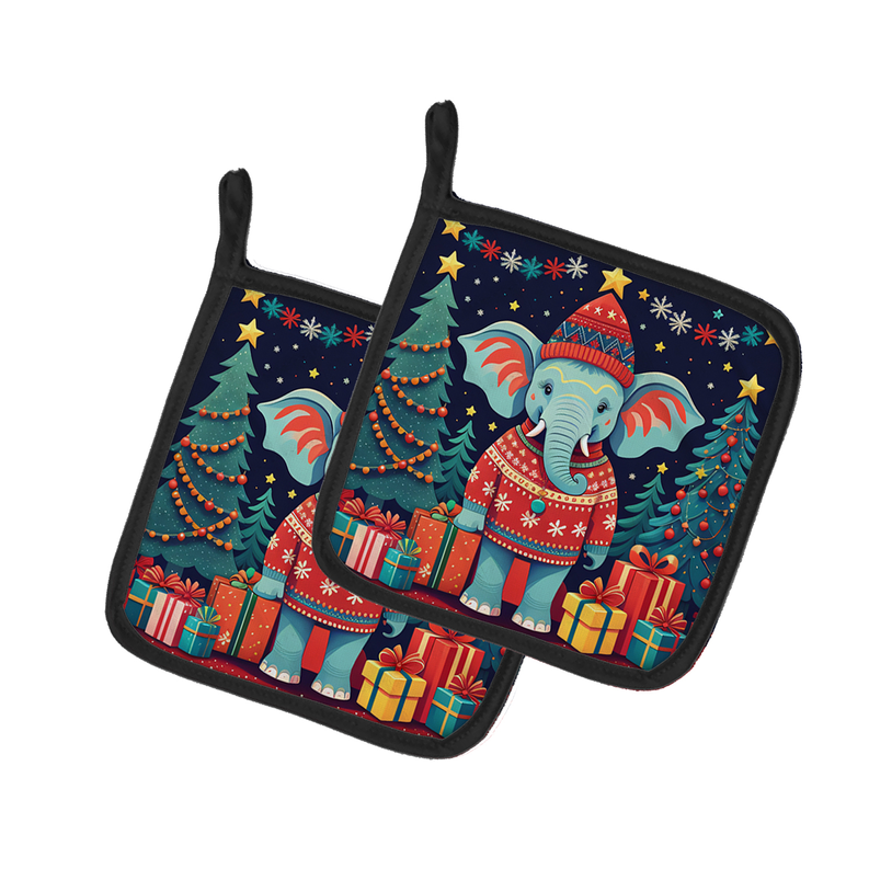Set of two Christmas pot holders with elephant bull, trees, and gift pattern