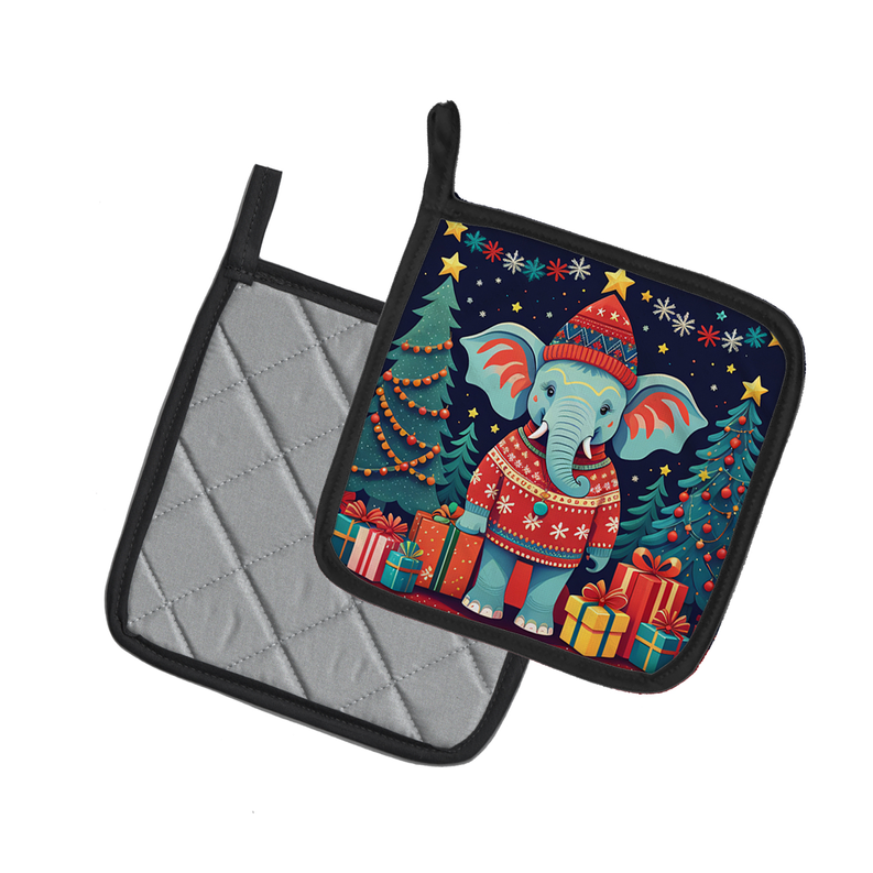 Set of two pot holders: one side gray quilted backing, one side festive elephant design