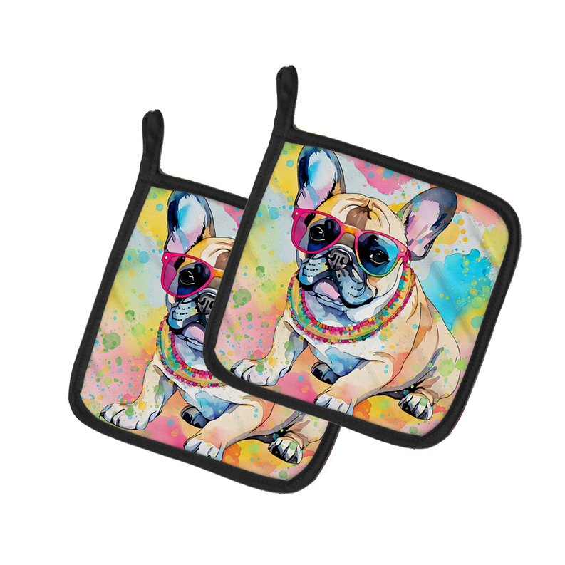 Pair of pot holders with colorful French bulldog artwork and black trim, two-pack