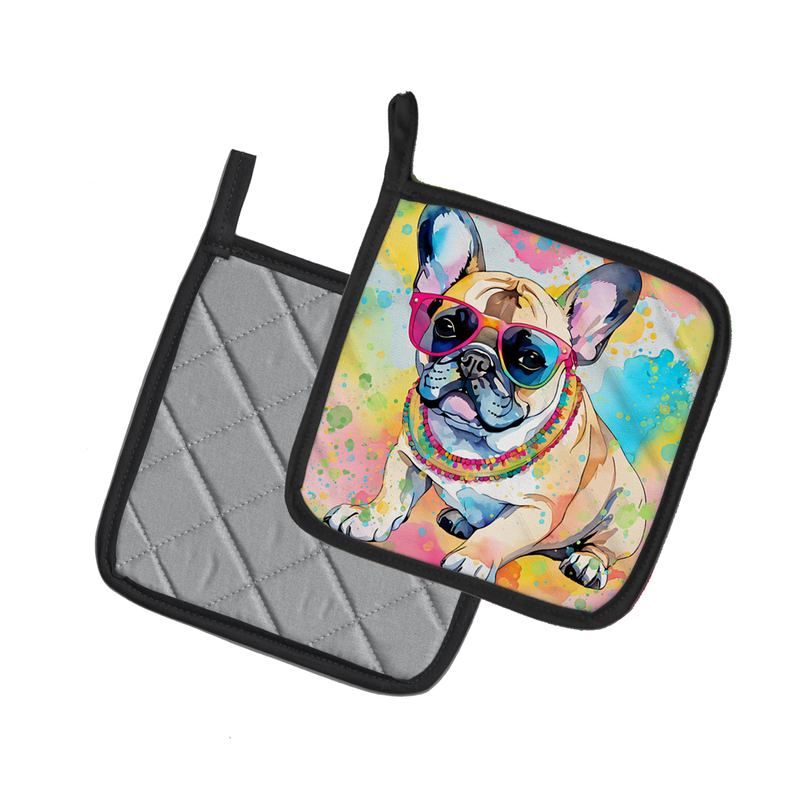 Pair of pot holders with gray quilted backing and colorful French bulldog print