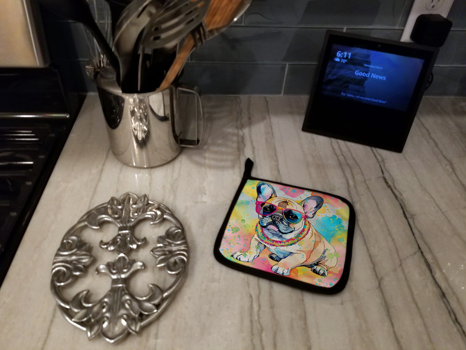 Square potholder with colorful dog graphic and blue sunglasses design