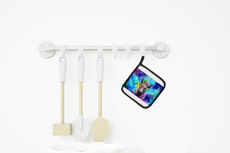 Hanging raccoon pot holder set with black trim and colorful watercolor design