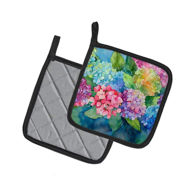 Pair of pot holders: quilted gray and watercolor floral print with black trim