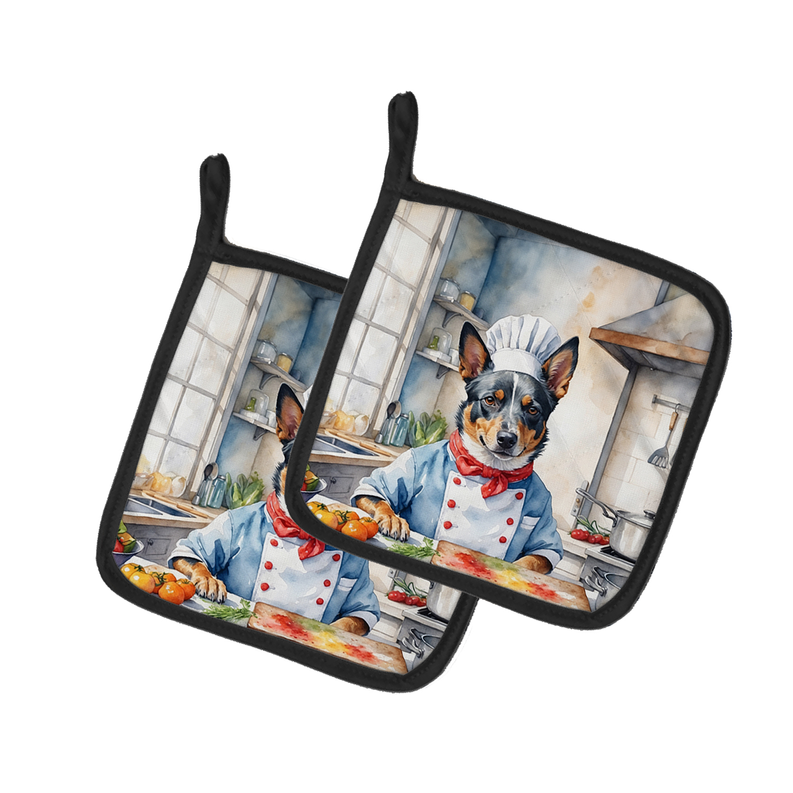 Basenji chef pair of pot holders, black trim with dog chef graphic