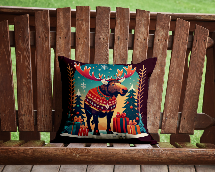 Moose Christmas pot holder with turquoise background, moose in sweater, presents and trees