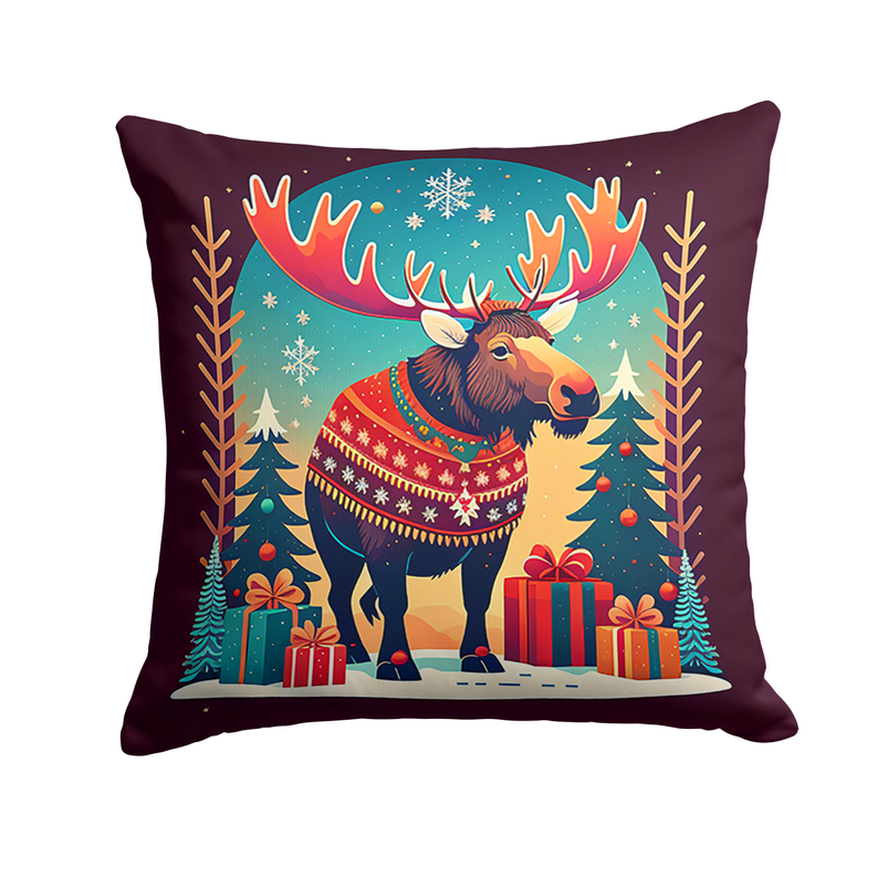 Moose Christmas pot holder with maroon border, turquoise scene, moose holding presents