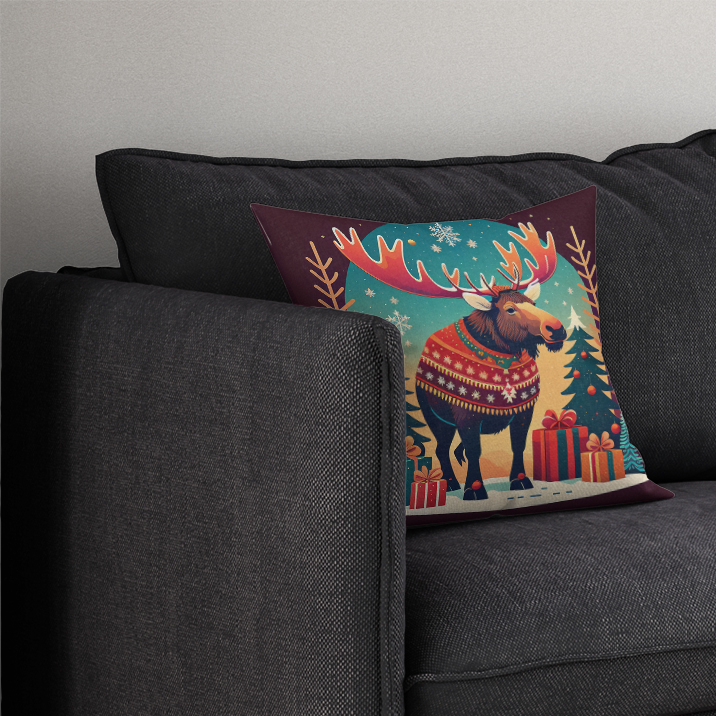 Moose Christmas pot holder with maroon border, turquoise moose in sweater and presents
