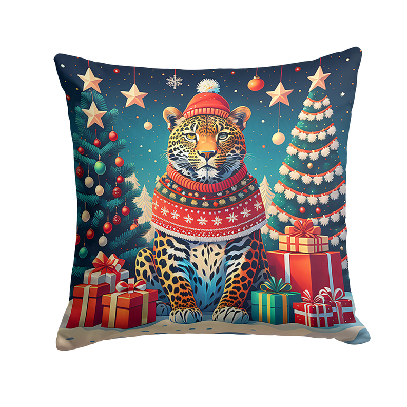 Square blue Christmas throw pillow with centered leopard wearing red sweater