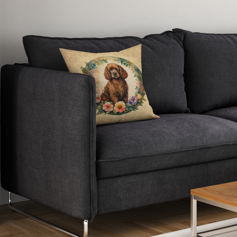 Decorative throw pillow with brown dog portrait and colorful flowers on beige background