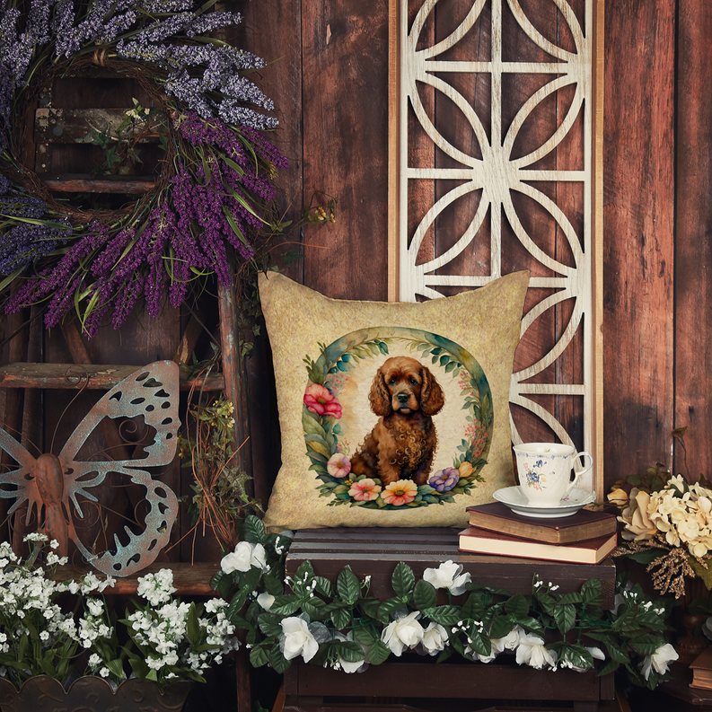 Decorative throw pillow with brown dog portrait surrounded by flowers on beige fabric