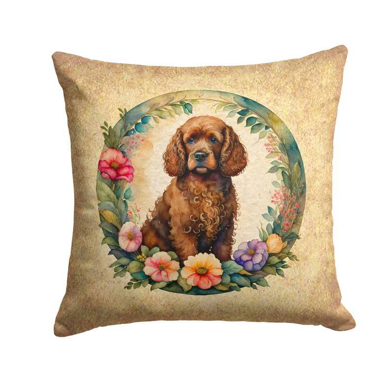Decorative throw pillow with brown dog portrait and multicolor flowers on beige background