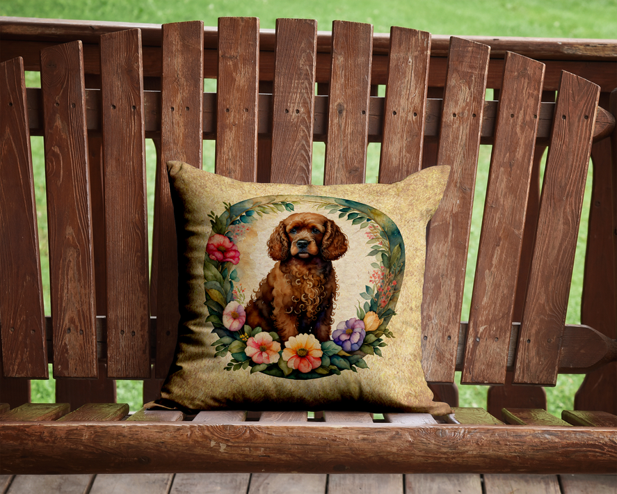 Decorative throw pillow with brown dog portrait and flower accents on beige fabric