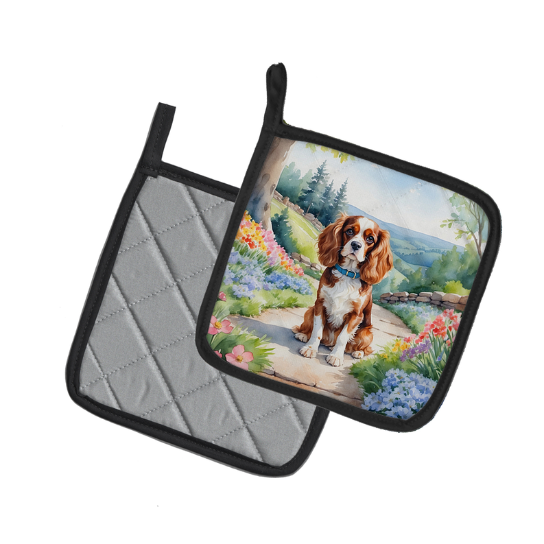 Quilted pot holder pair with black trim; spring path Chinese Crested dog print.