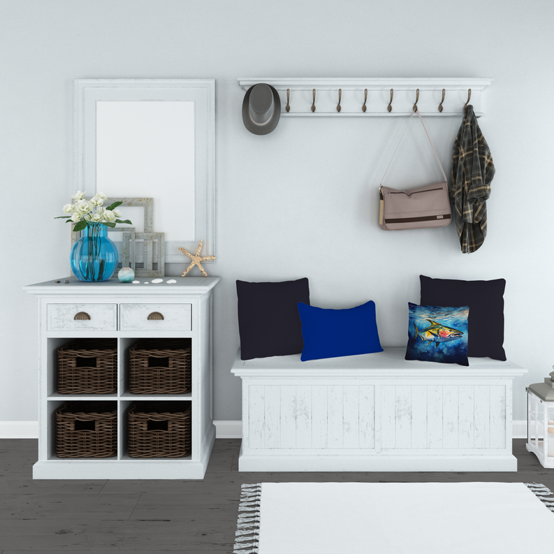 Two blue-themed square throw pillows, one with a fish illustration
