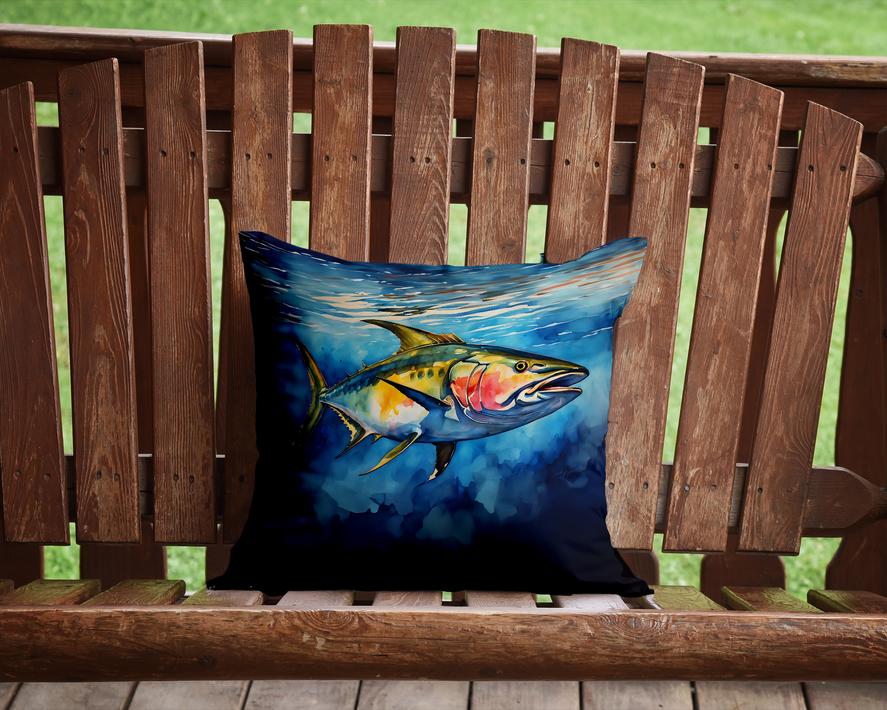 Square navy pot holder featuring a colorful fish illustration