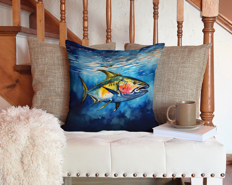 Square navy pot holder with bright fish artwork on blue ocean-style background