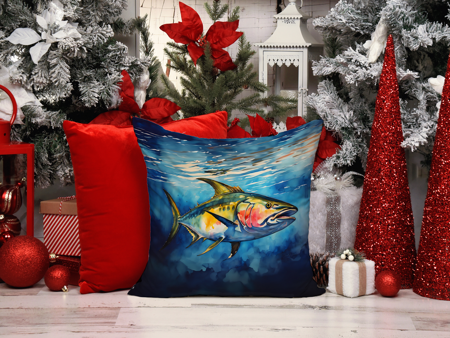 Square navy pot holder with watercolor fish design on blue sea background