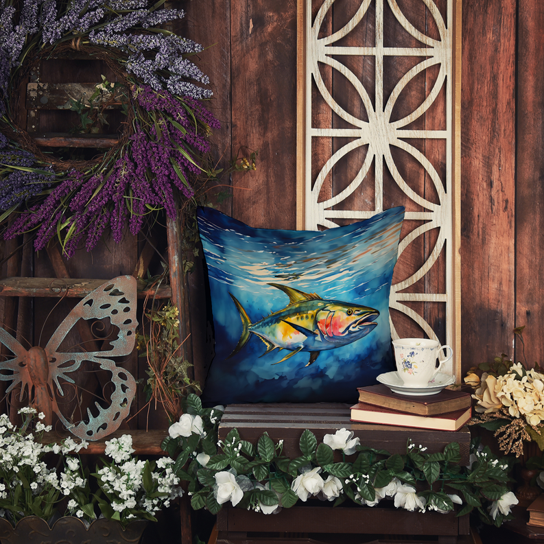 Square navy pot holder with a colorful fish graphic centered on the front
