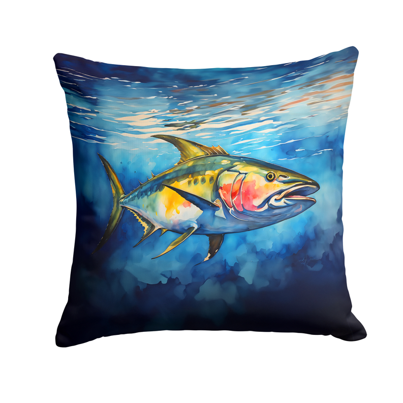 Square navy pot holder with watercolor fish print and abstract ocean sky background
