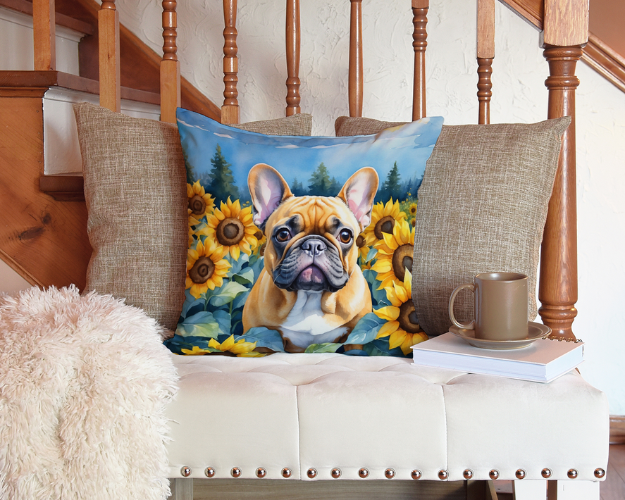 Blue dog-and-sunflower throw pillow with German shepherd portrait and trees