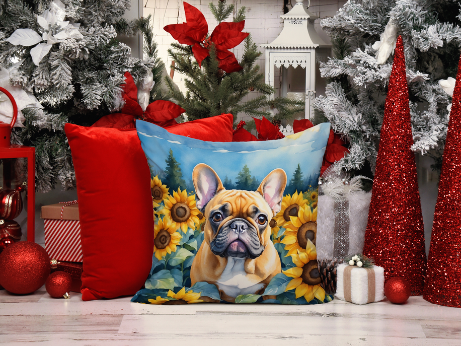 Blue German shepherd and sunflower throw pillow with festive winter decor