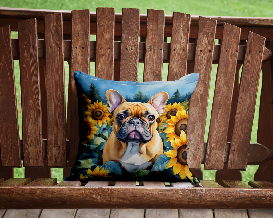 Blue German shepherd and sunflower throw pillow on a wooden outdoor chair