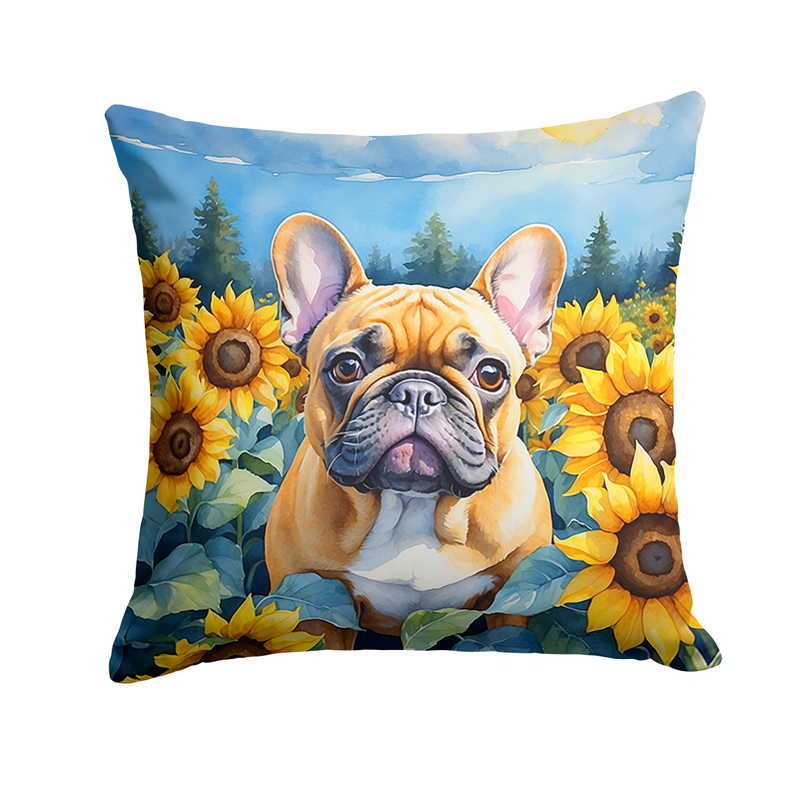 Square blue throw pillow with German shepherd face and bright yellow sunflowers