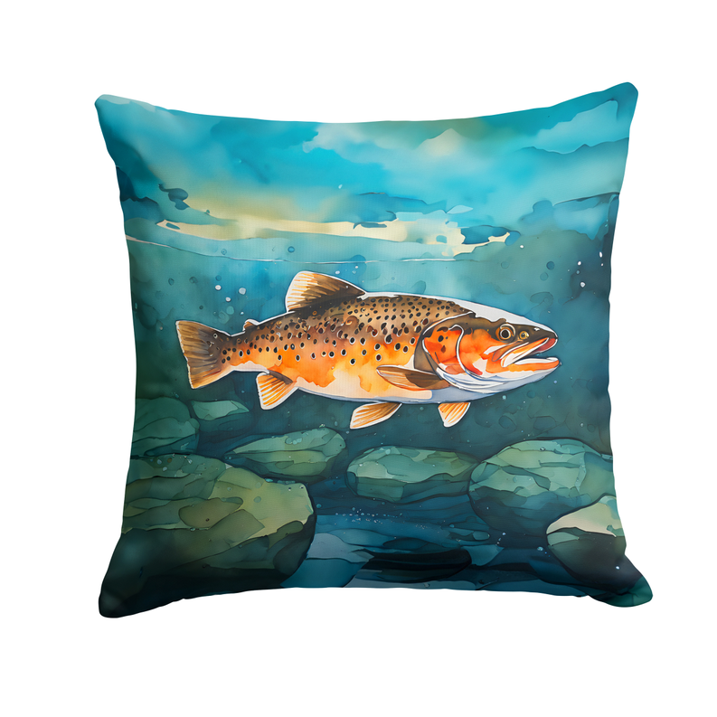 Colorful trout pillow, featuring vibrant orange and blue watercolor design, perfect for nature-themed decor.