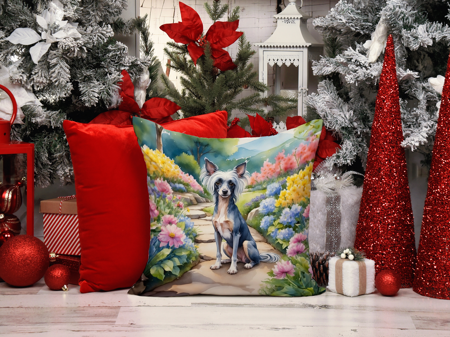 Square decorative pillow with light dog on stone path and spring garden illustration