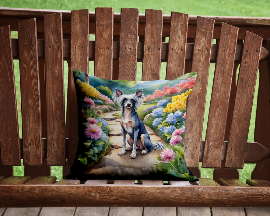 Square decorative pillow with light dog sitting on stone path, spring flowers and trees print