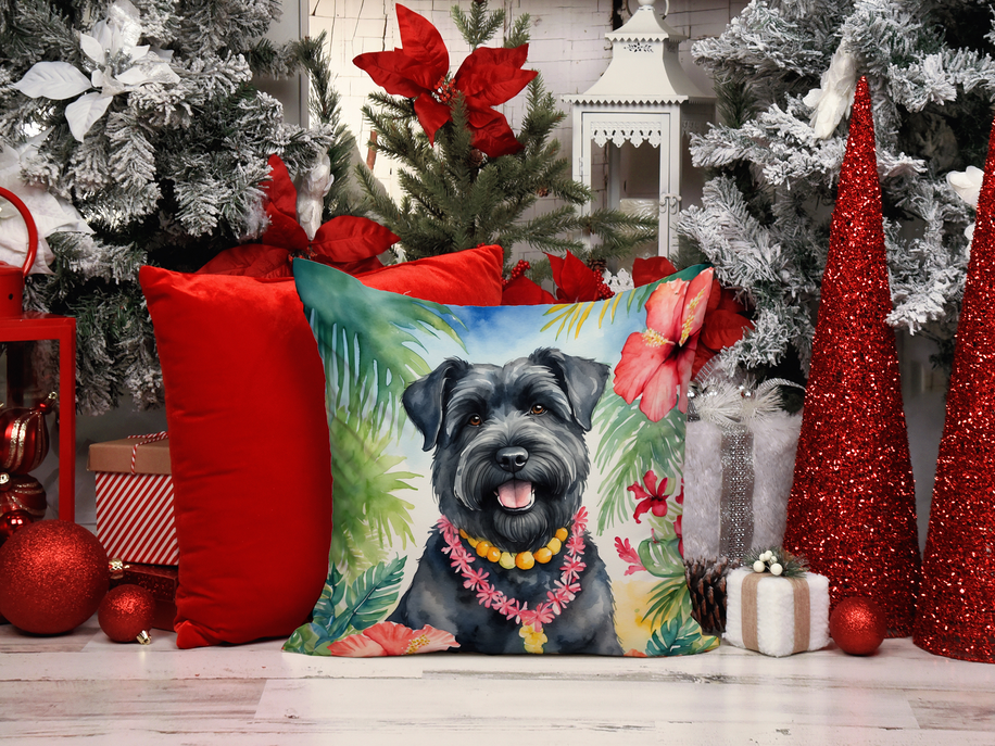 Decorative throw pillow featuring a black dog with bright tropical flower collar