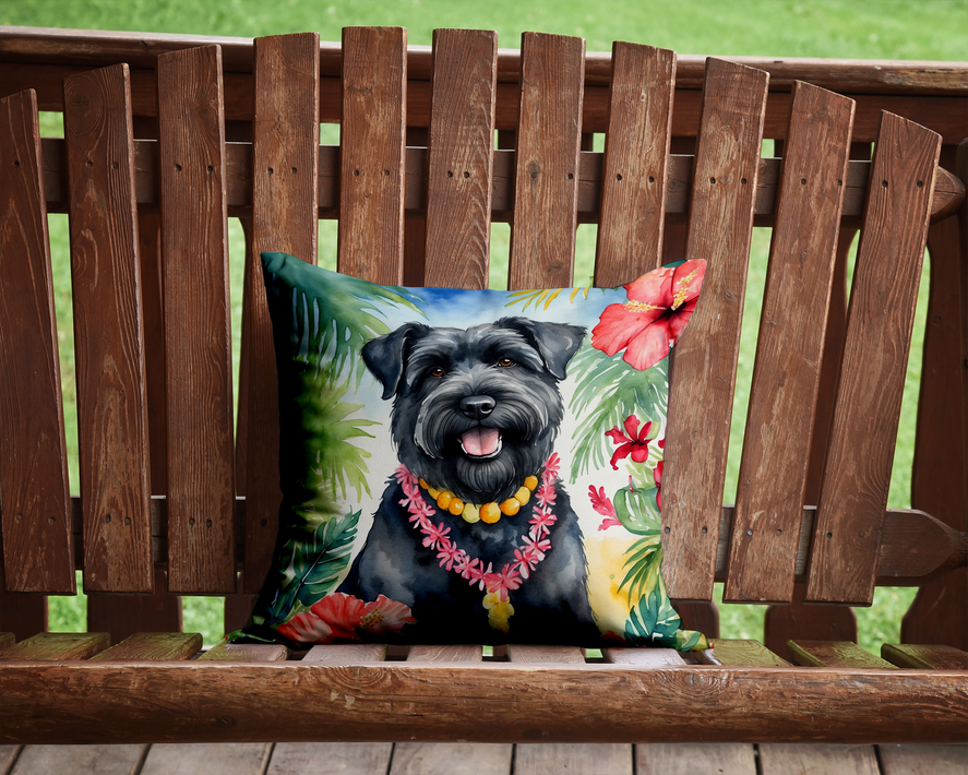 Square luau boxer dog throw pillow with black dog face and pink flowers