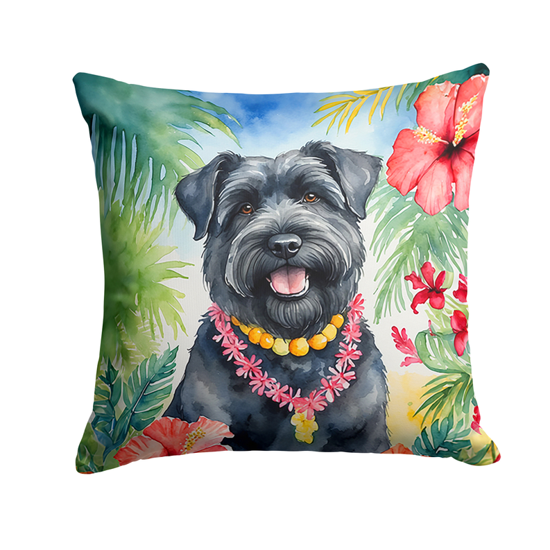 Square luau boxer dog throw pillow, black dog with hibiscus and colorful lei