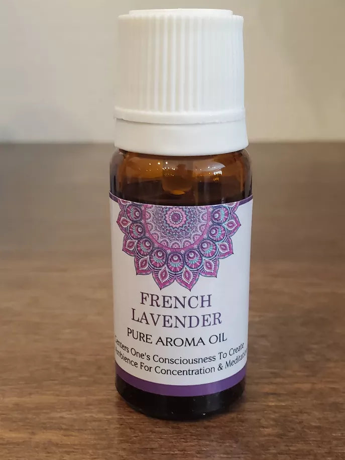 French lavender essential oil bottle with white cap and purple patterned label, 10 ml